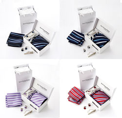 Chinese Supplier Royal Blue Stripes Mens Wedding Suit Polyester Tie Cufflink Hanky Set for Wholesale