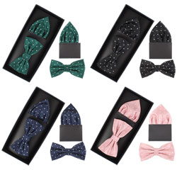 Custom Luxury Polka Dot 100% Polyester Jacquard Pink Bow Ties Handkerchief Sets