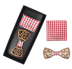 Custom Men Fashion Wooden Bow Tie And Plaid Pocket Square Sets With Box Packing